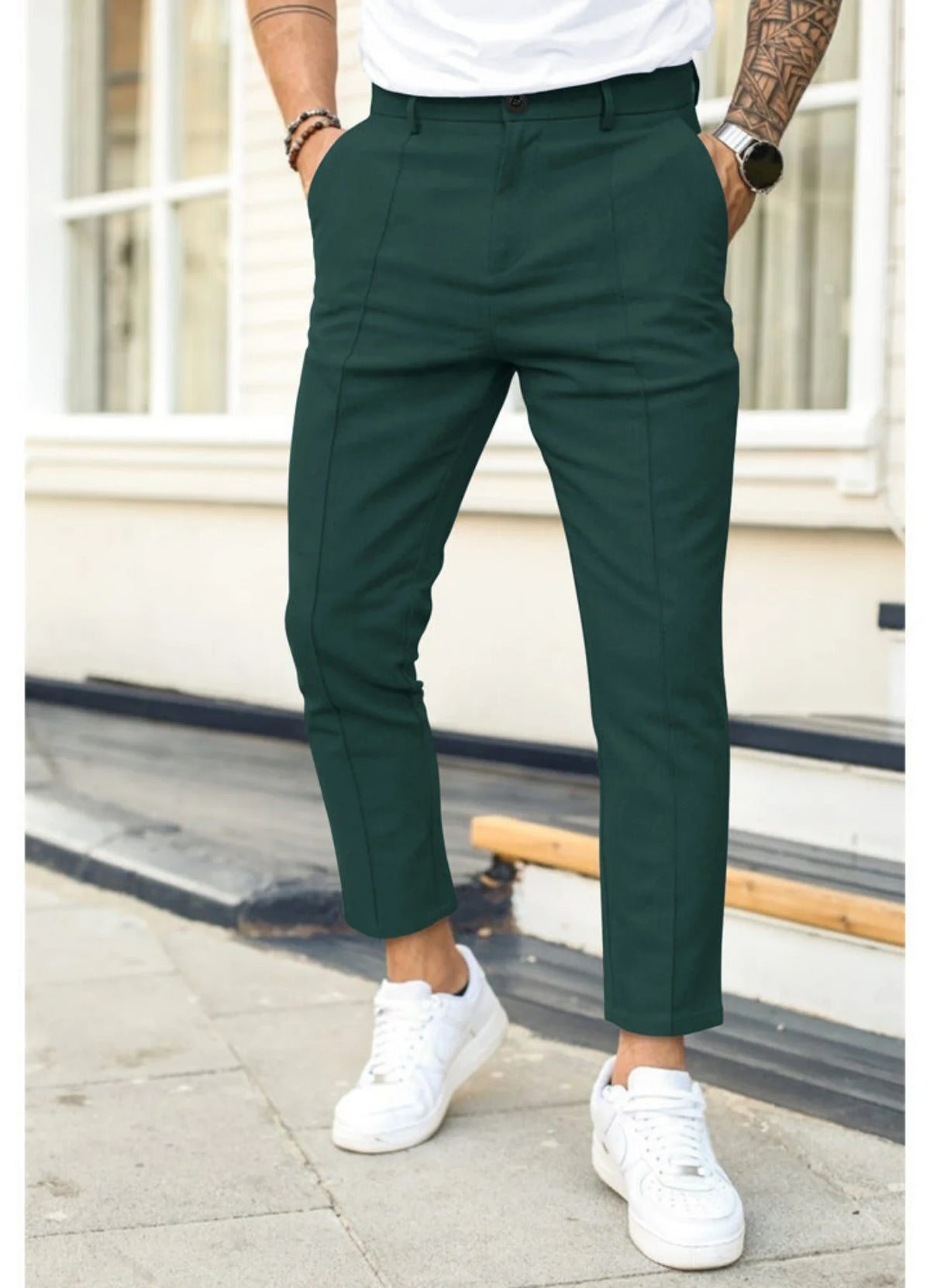 Green Men's Ankle Length Trousers with Tailored Slim Fit — Finn
