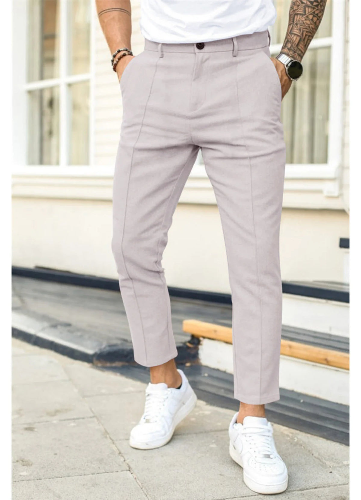 Light Grey Men's Ankle Length Trousers with Tailored Slim Fit