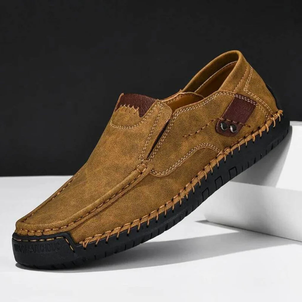 Brown Men's Arch Support Slip-On Shoes — William Cushioned Leather Loafers - Side Profile View