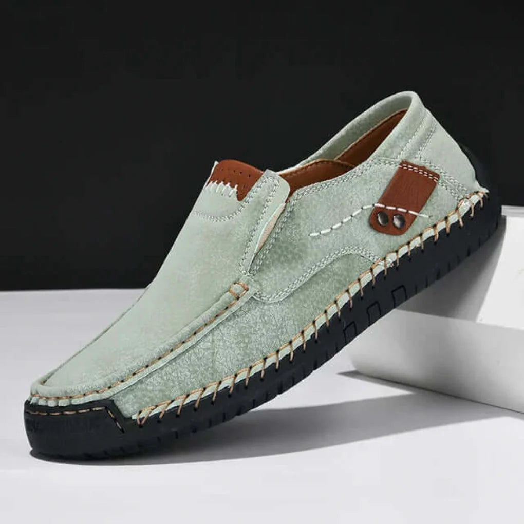 Green Men's Arch Support Slip-On Shoes — William Cushioned Leather Loafers - Raised Toe View