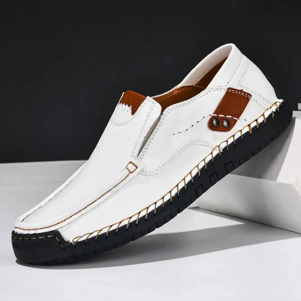 White Men's Arch Support Slip-On Shoes — William Cushioned Leather Loafers - Propped Display View