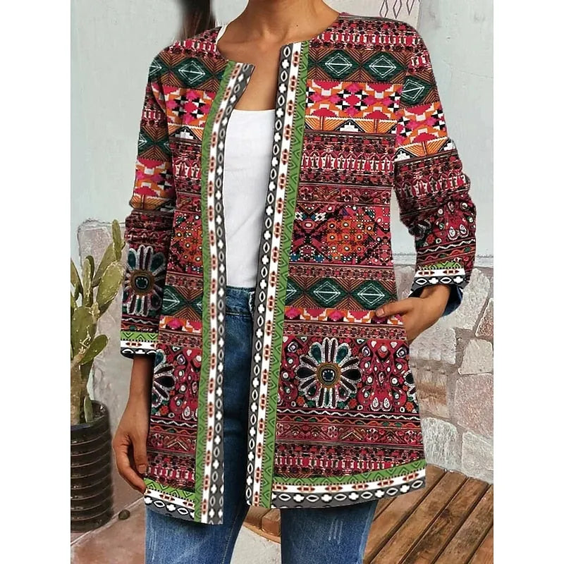Green Women's Open Front Jacket with Boho Patchwork Print & Long Sleeves