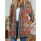 Red Women's Open Front Jacket with Boho Patchwork Print & Long Sleeves