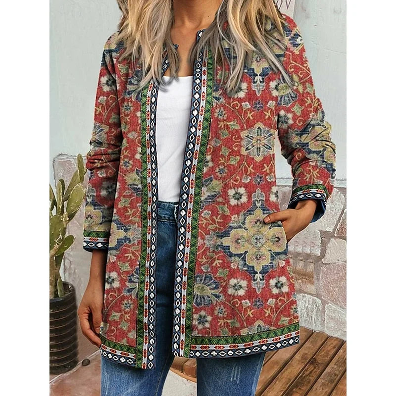 Red Women's Open Front Jacket with Boho Patchwork Print & Long Sleeves