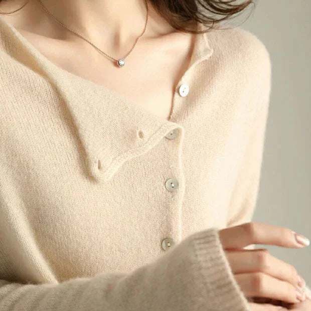 Beige Women's Asymmetric Button-Front Cardigan — Salma Knit V-Neck Long Sleeve - Button Detail