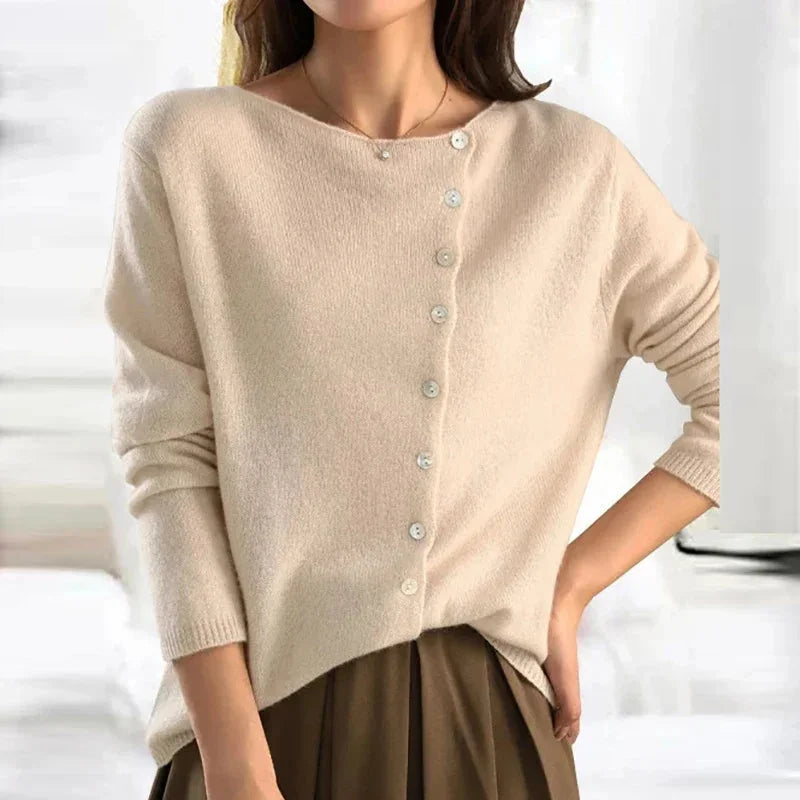 Beige Women's Asymmetric Button-Front Cardigan — Salma Knit V-Neck Long Sleeve - Front Torso