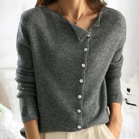 Gray Women's Asymmetric Button-Front Cardigan — Salma Knit V-Neck Long Sleeve - Front Full