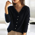 Navy Women's Asymmetric Button-Front Cardigan — Salma Knit V-Neck Long Sleeve - V Neck Detail