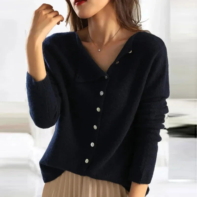 Navy Women's Asymmetric Button-Front Cardigan — Salma Knit V-Neck Long Sleeve - V Neck Detail