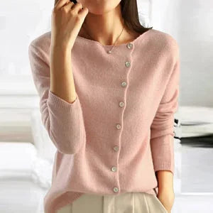 Pink Women's Asymmetric Button-Front Cardigan — Salma Knit V-Neck Long Sleeve - Close Up Neckline