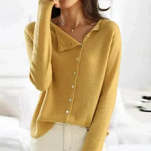 Yellow Women's Asymmetric Button-Front Cardigan — Salma Knit V-Neck Long Sleeve - Front Pose