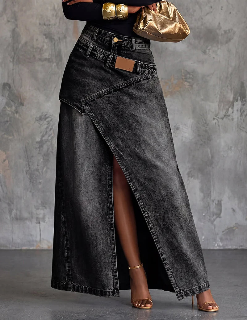Black Women's Asymmetric Wrap Denim Maxi Skirt — Anais Relaxed High-Waisted Belted - Dark Wash Front