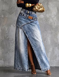 Women's Asymmetric Wrap Denim Maxi Skirt — Anais Relaxed High-Waisted Belted