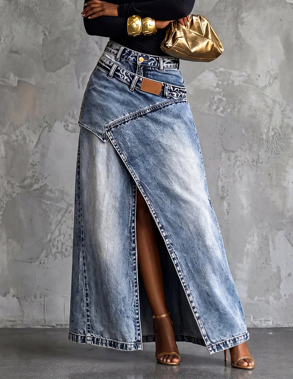 Blue Women's Asymmetric Wrap Denim Maxi Skirt — Anais Relaxed High-Waisted Belted - Front Full
