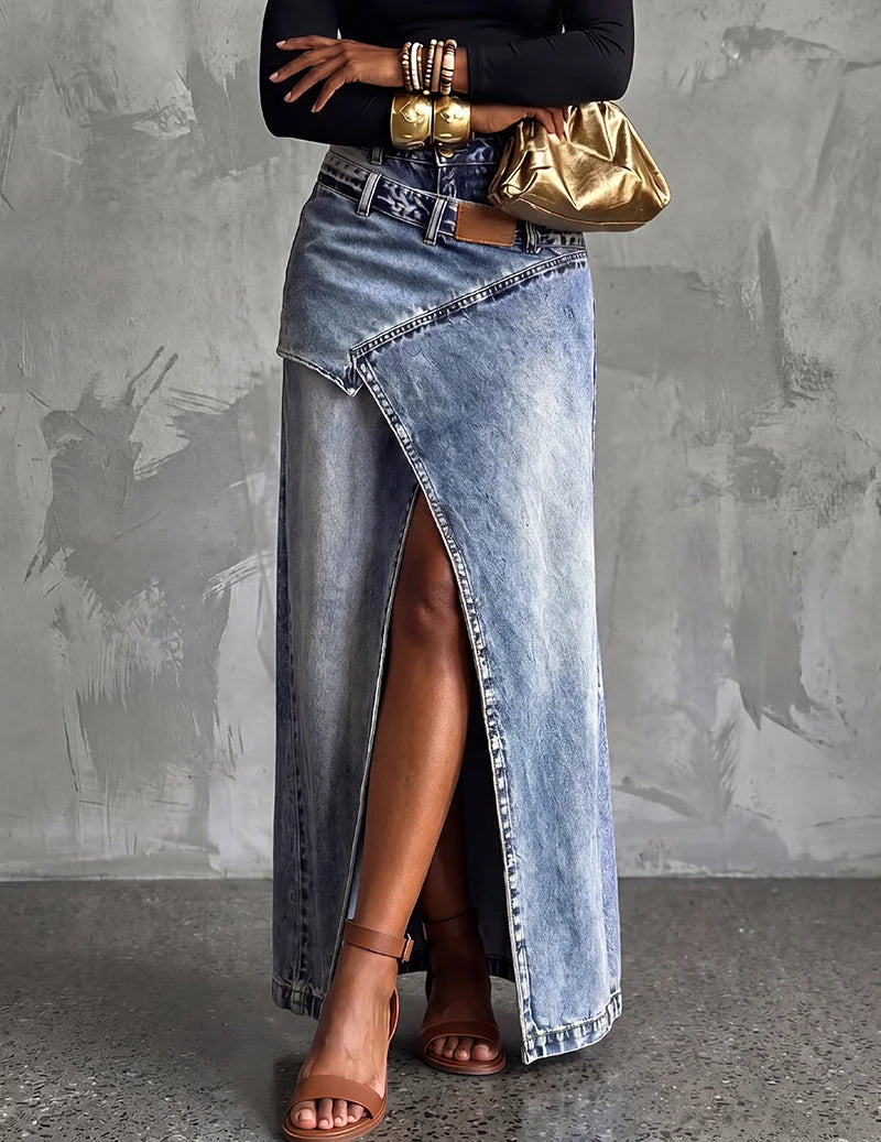 Blue Women's Asymmetric Wrap Denim Maxi Skirt — Anais Relaxed High-Waisted Belted - Front Pose Detail