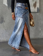 Blue Women's Asymmetric Wrap Denim Maxi Skirt — Anais Relaxed High-Waisted Belted - Model Walking