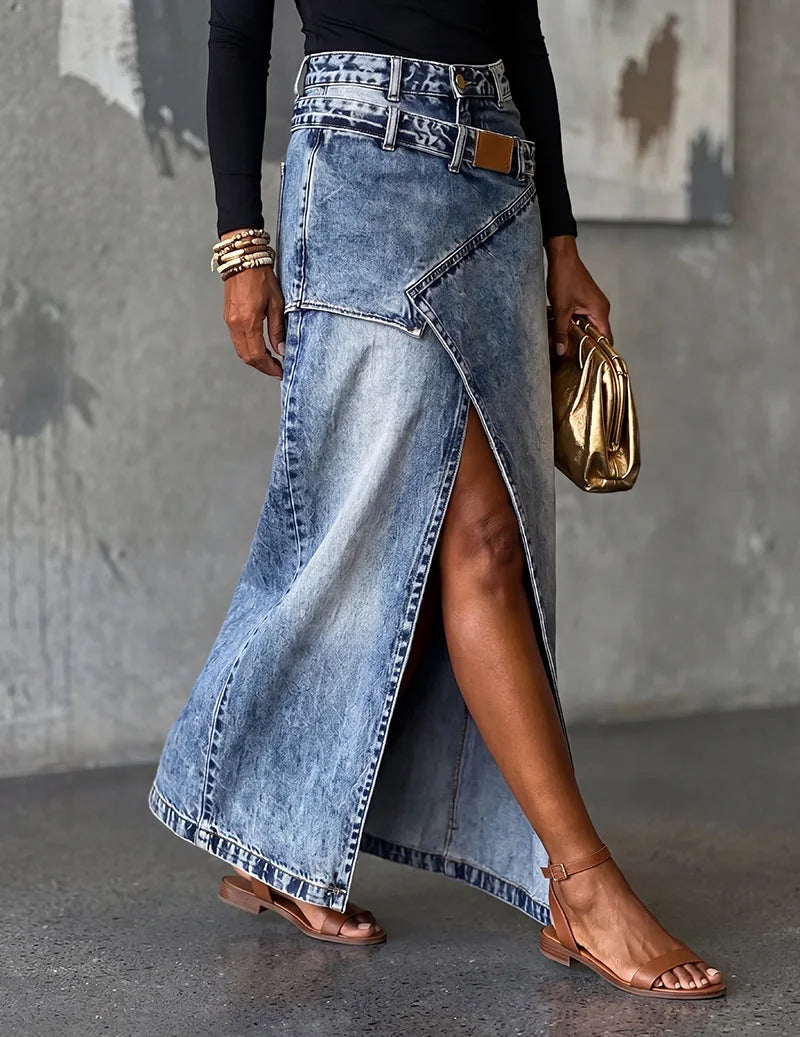 Blue Women's Asymmetric Wrap Denim Maxi Skirt — Anais Relaxed High-Waisted Belted - Model Walking