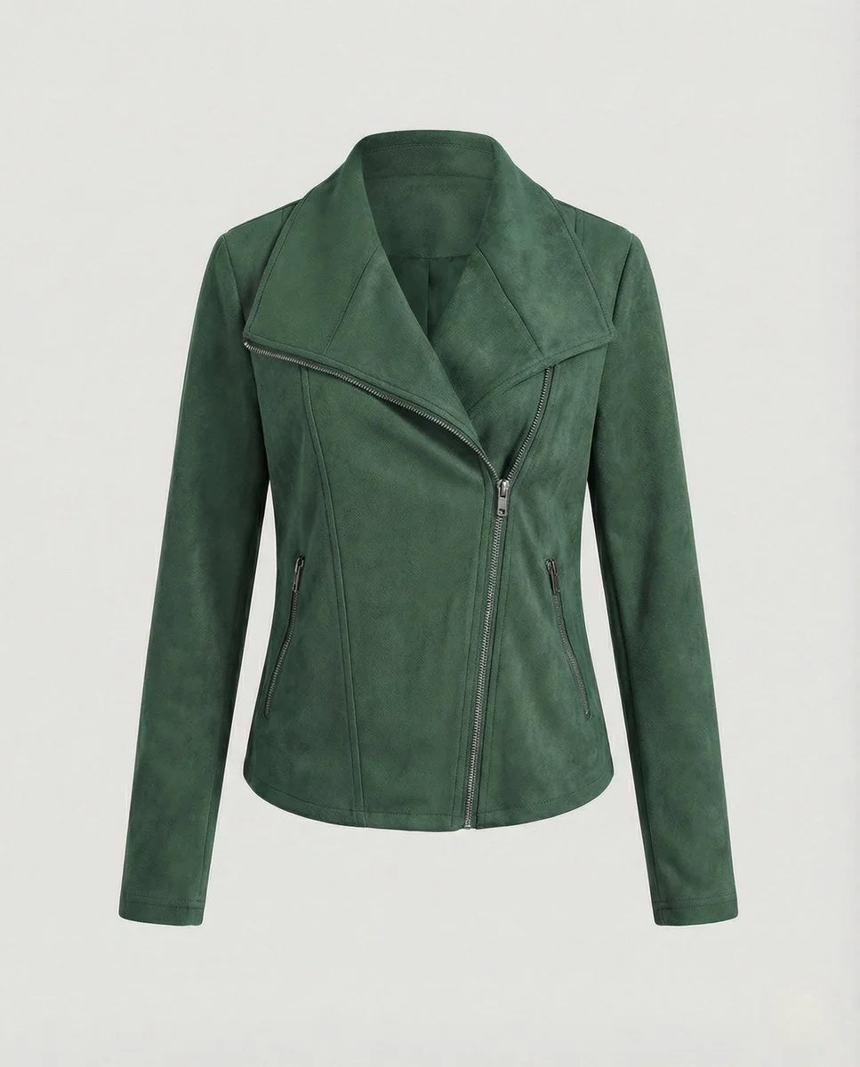 Apricot Women's Tailored Suede Asymmetric Zip Biker Jacket with Statement Collar — Sophia