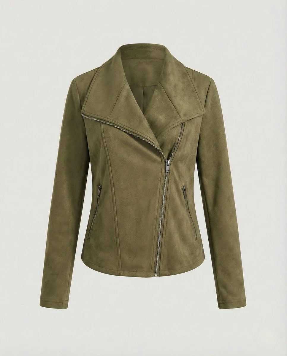 Black Women's Tailored Suede Asymmetric Zip Biker Jacket with Statement Collar — Sophia - Flat Lay Navy