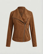 Black Women's Tailored Suede Asymmetric Zip Biker Jacket with Statement Collar — Sophia