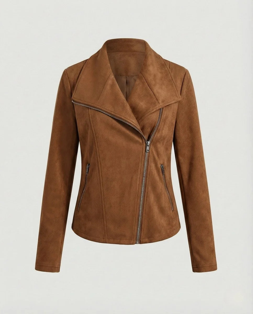 Black Women's Tailored Suede Asymmetric Zip Biker Jacket with Statement Collar — Sophia