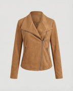 Camel Women's Tailored Suede Asymmetric Zip Biker Jacket with Statement Collar — Sophia - Back Full Pose