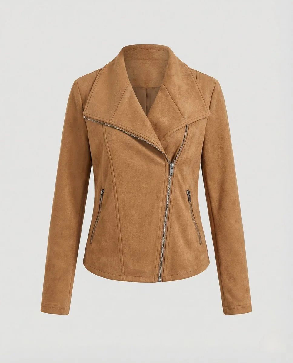 Camel Women's Tailored Suede Asymmetric Zip Biker Jacket with Statement Collar — Sophia - Back Full Pose