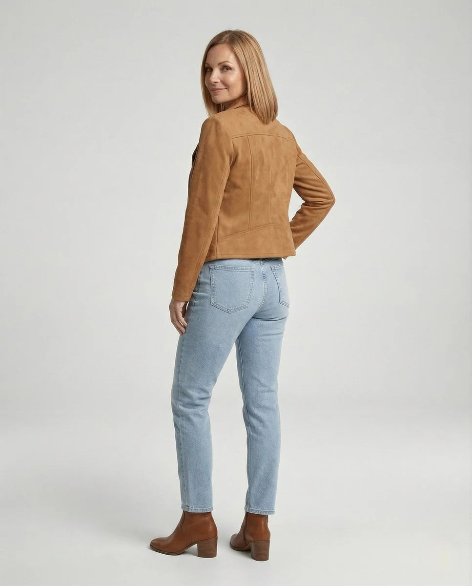 Camel Women's Tailored Suede Asymmetric Zip Biker Jacket with Statement Collar — Sophia - Close Up Neckline