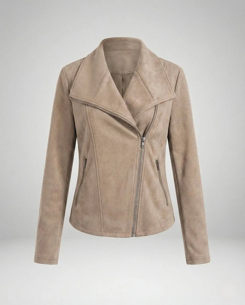 Camel Women's Tailored Suede Asymmetric Zip Biker Jacket with Statement Collar — Sophia - Flat Lay Front