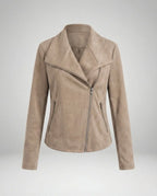 Camel Women's Tailored Suede Asymmetric Zip Biker Jacket with Statement Collar — Sophia - Flat Lay Front