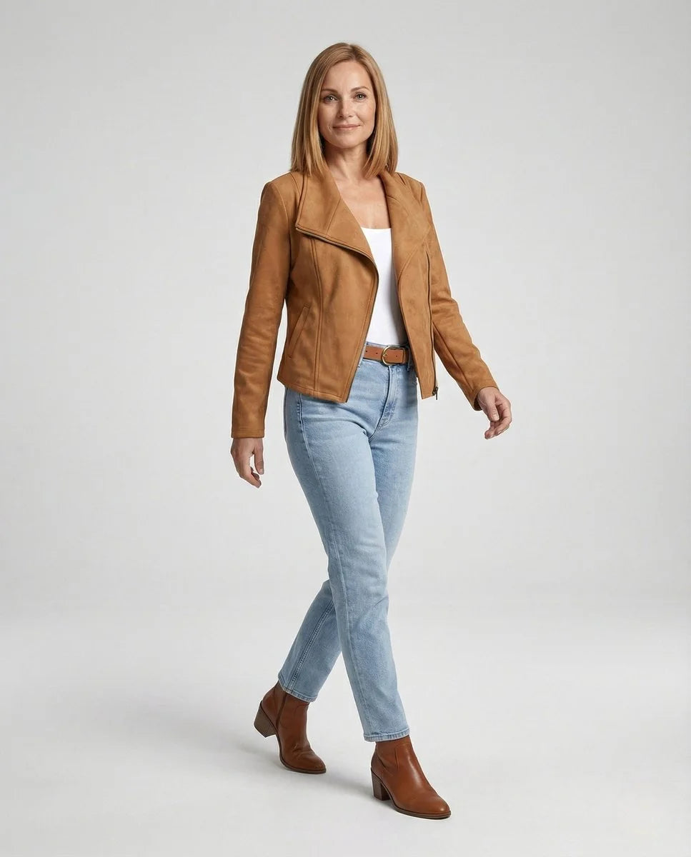 Camel Women's Tailored Suede Asymmetric Zip Biker Jacket with Statement Collar — Sophia - Front Full Walking