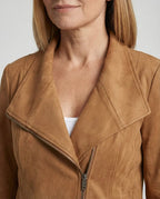 Camel Women's Tailored Suede Asymmetric Zip Biker Jacket with Statement Collar — Sophia - Front Pose Studio