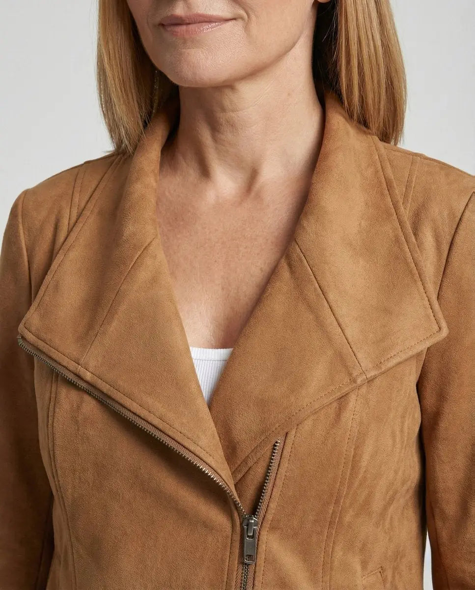 Camel Women's Tailored Suede Asymmetric Zip Biker Jacket with Statement Collar — Sophia - Front Pose Studio