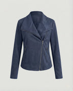 Camel Women's Tailored Suede Asymmetric Zip Biker Jacket with Statement Collar — Sophia