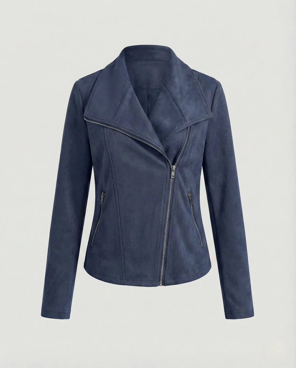 Camel Women's Tailored Suede Asymmetric Zip Biker Jacket with Statement Collar — Sophia