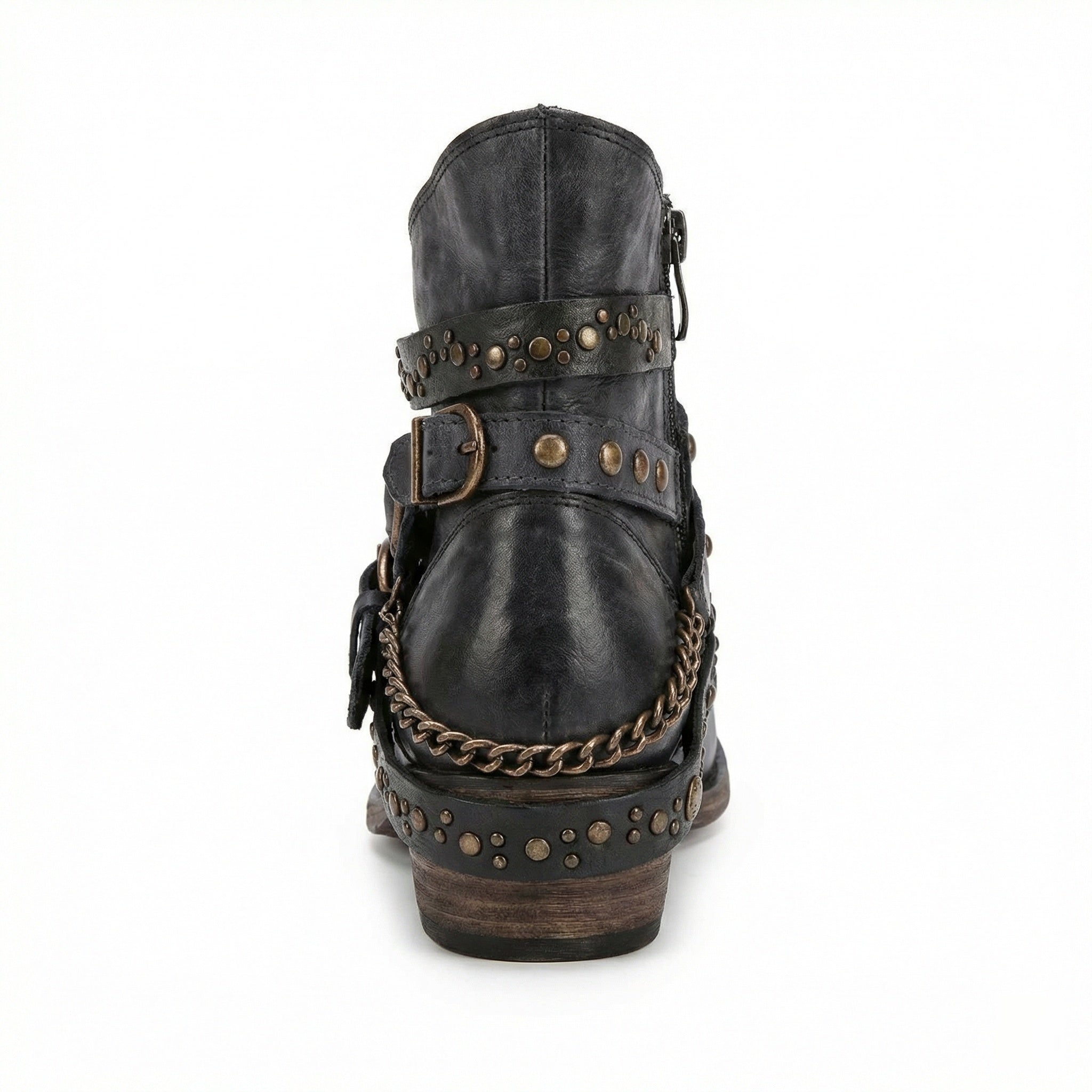 Women's Vintage Chain Boots with Studded Buckle Straps for a Relaxed Fit — Mae