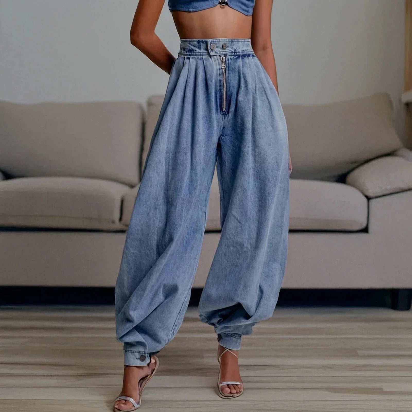 Light Blue Women's High Waist Barrel Leg Jeans — Penelope Denim Zip-Front Baggy - Indoor Front Full
