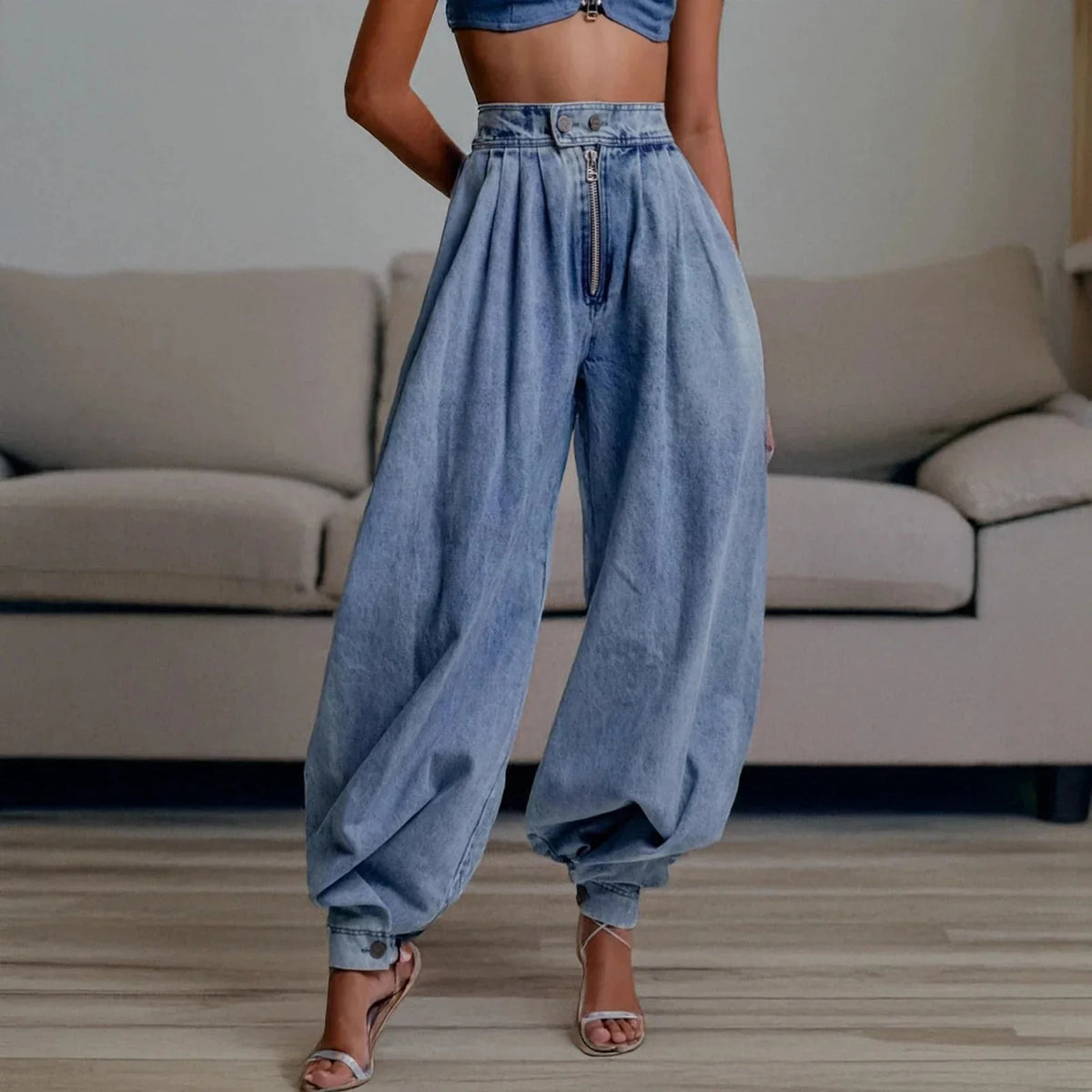 Light Blue Women's High Waist Barrel Leg Jeans — Penelope Denim Zip-Front Baggy - Indoor Front Full