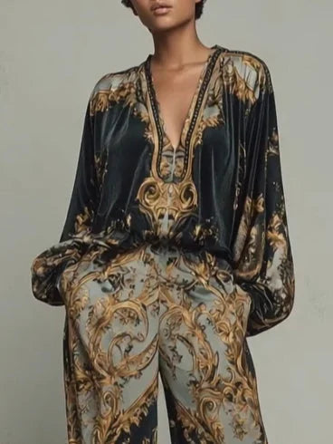 Black Women's Wide Leg Pants Two Piece Set with Baroque Print Satin Blouse — Molly - Close Up Blouse