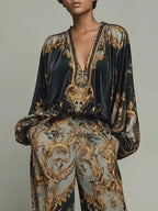 Black Women's Wide Leg Pants Two Piece Set with Baroque Print Satin Blouse — Molly - Close Up Blouse