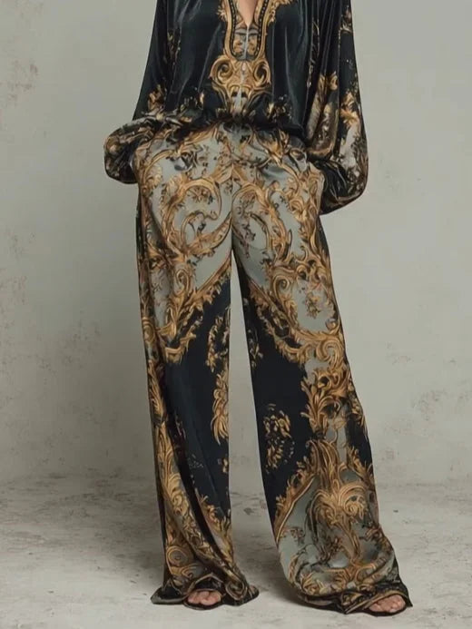 Black Women's Wide Leg Pants Two Piece Set with Baroque Print Satin Blouse — Molly - Close Up Pants