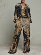 Black Women's Wide Leg Pants Two Piece Set with Baroque Print Satin Blouse — Molly - Front Full Pose