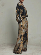 Black Women's Wide Leg Pants Two Piece Set with Baroque Print Satin Blouse — Molly - Side Profile