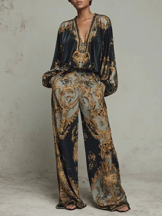 Black Women's Wide Leg Pants Two Piece Set with Baroque Print Satin Blouse — Molly