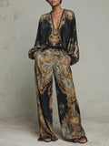 Women's Wide Leg Pants Two Piece Set with Baroque Print Satin Blouse — Molly