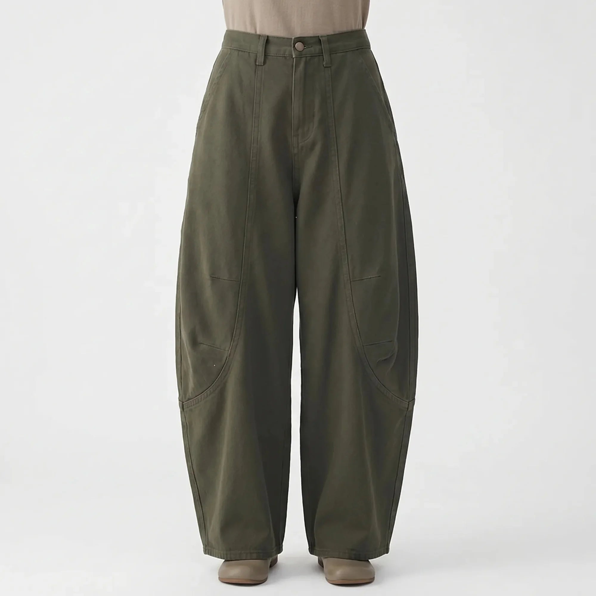 Green Women's Barrel Jeans — Kiera High-Rise Curved Wide-Leg Pockets - Front Full