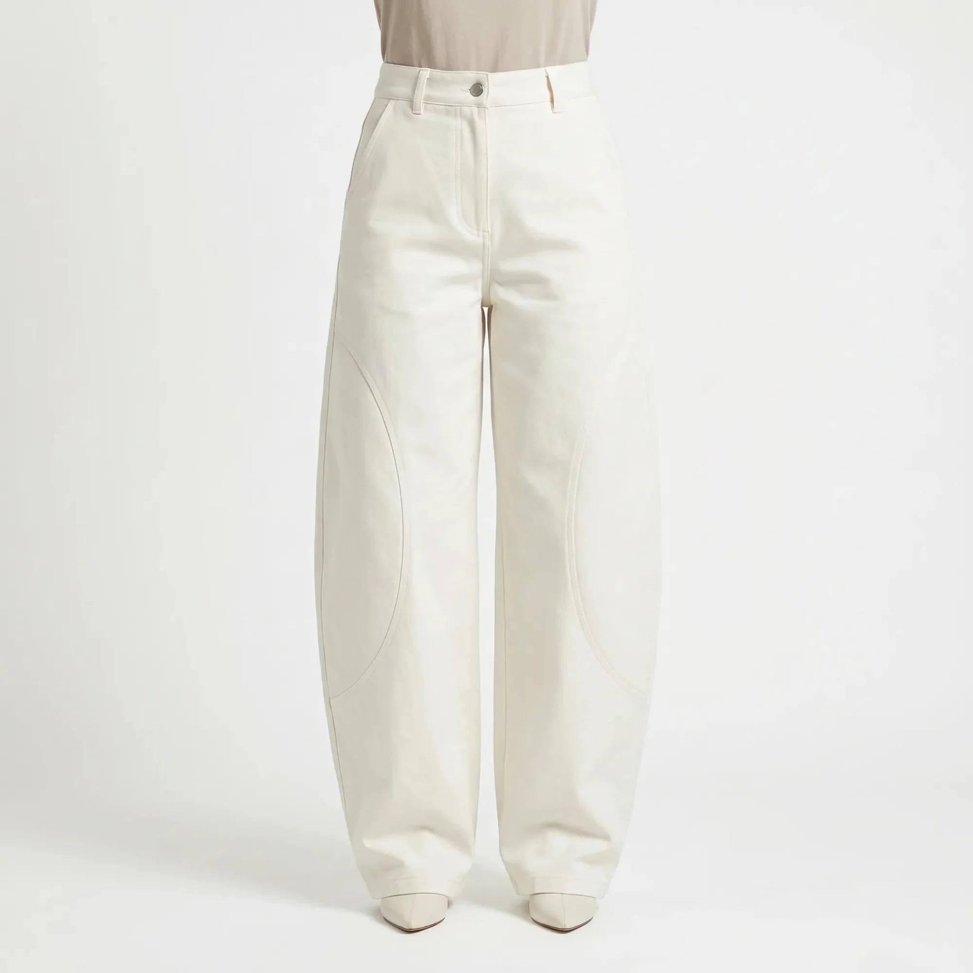 White Women's Barrel Jeans — Kiera High-Rise Curved Wide-Leg Pockets - Front Full Studio