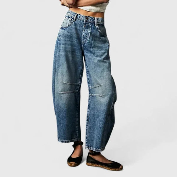 Blue Women's High-Waist Barrel Leg Jeans — Juliet Curved-Seam Cropped Ankle - Front Full