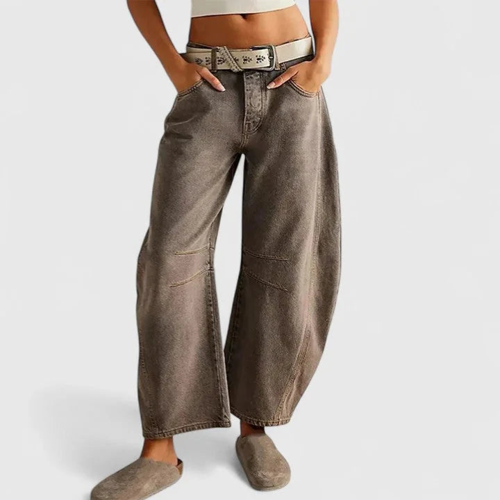 Dark Gray Women's High-Waist Barrel Leg Jeans — Juliet Curved-Seam Cropped Ankle - Front Pockets