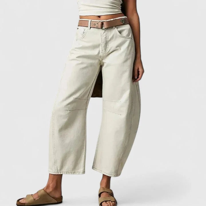 White Women's High-Waist Barrel Leg Jeans — Juliet Curved-Seam Cropped Ankle - Front Belt Sandals